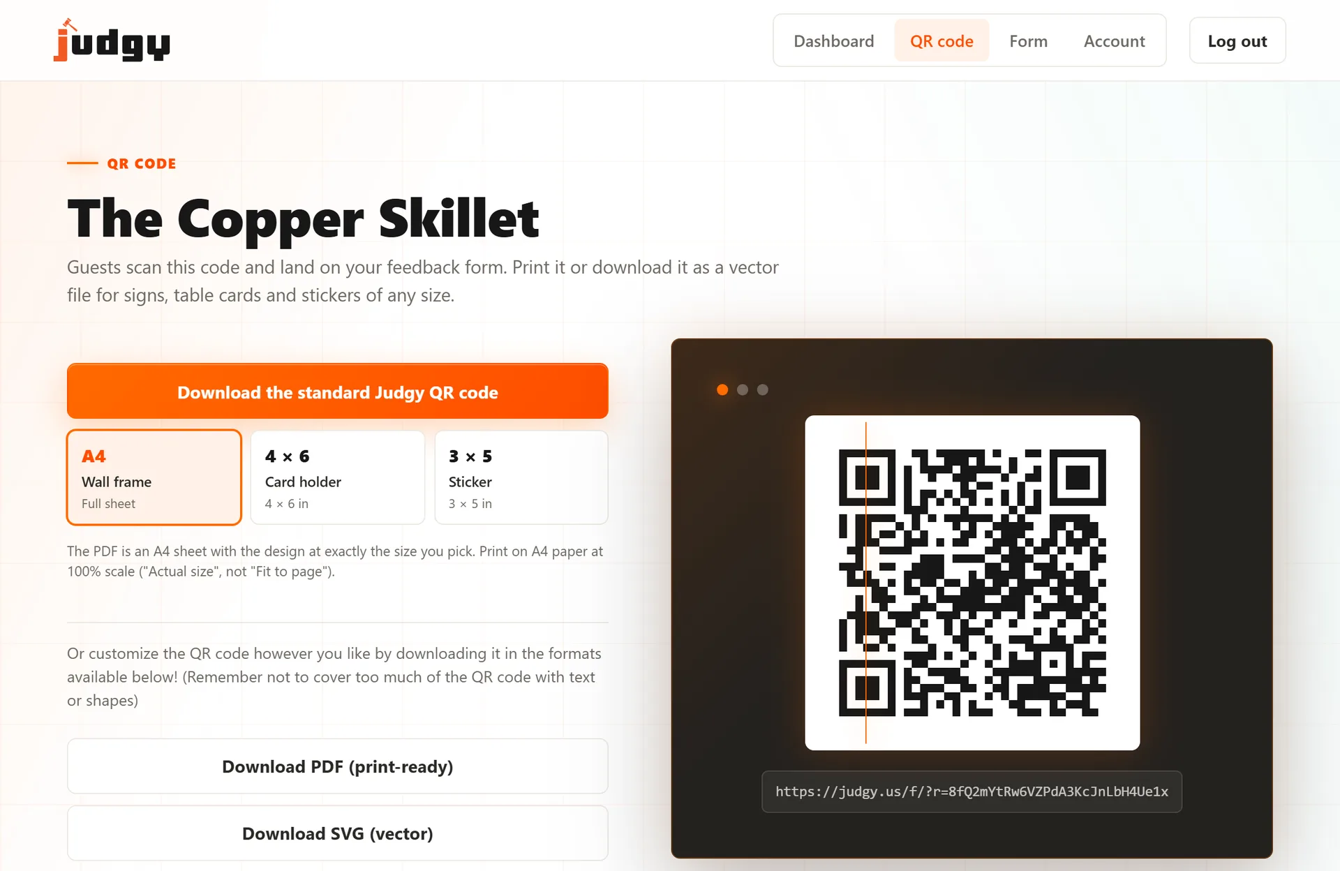 The QR code page: a one-click print-ready poster in A4, 4 by 6 and 3 by 5 sizes, raw PDF, SVG and PNG downloads, and the restaurant's unique QR code