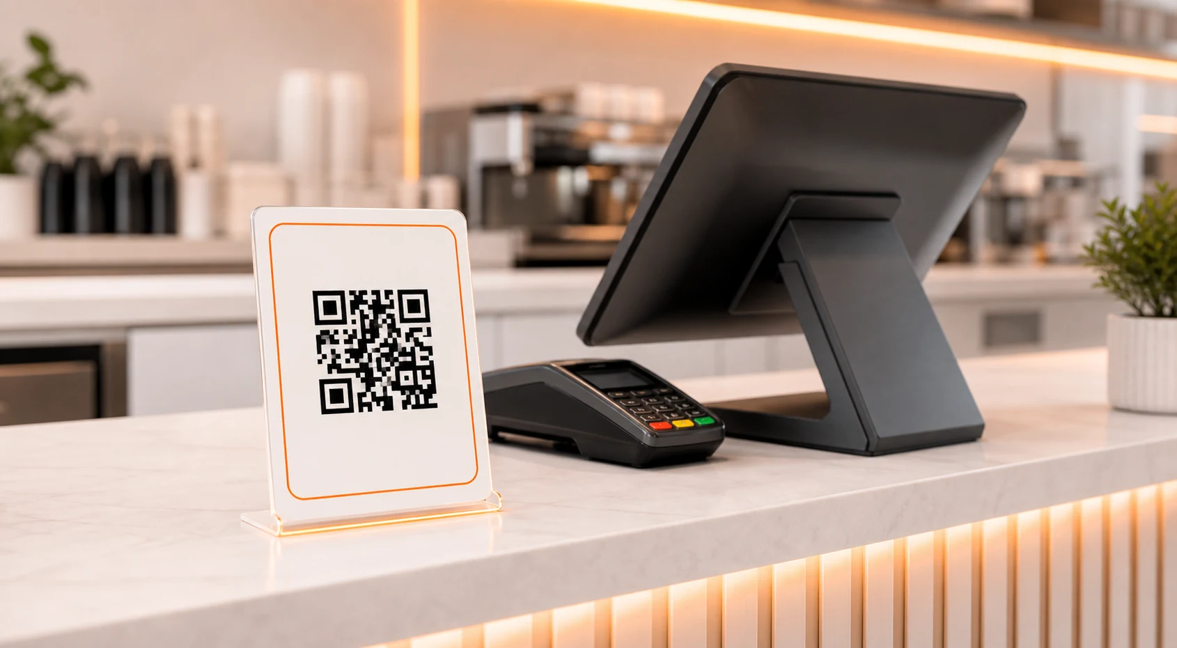 QR code displayed at a restaurant checkout counter